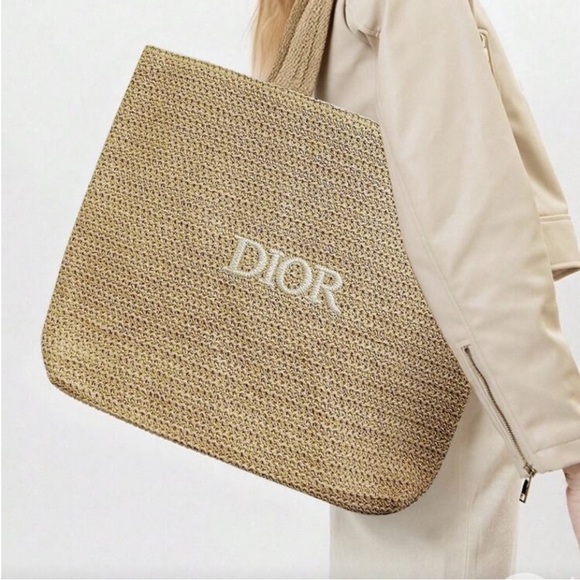 Dior Handbags - Christian Dior Beauty Straw Large Oatmeal Tote with White Logo on Front New